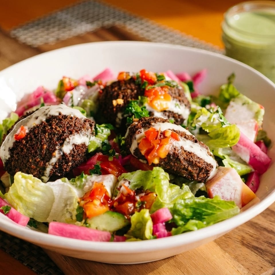 Falafel salad bowl with lettuce, pickled vegetables, tomatoes, creamy sauce, and green dressing on a wooden table.