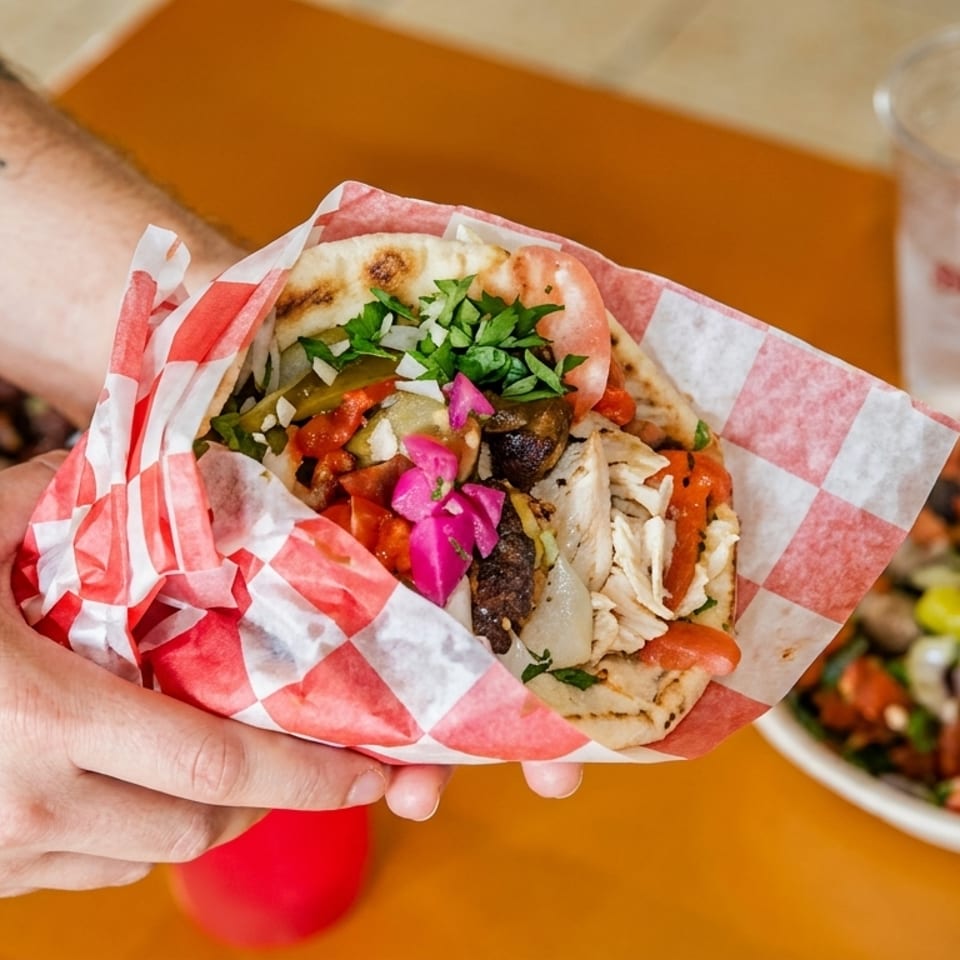 Hands hold a pita sandwich filled with chicken, vegetables, pickles, herbs, and pickled turnips over a Mediterranean salad.