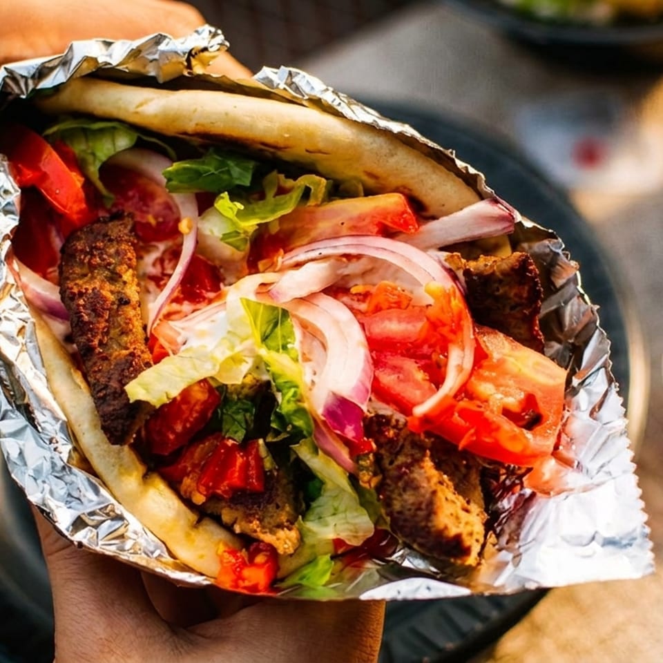 Hand-held pita wrap filled with grilled meat, lettuce, tomatoes, and onions, served with dipping sauce and salad.