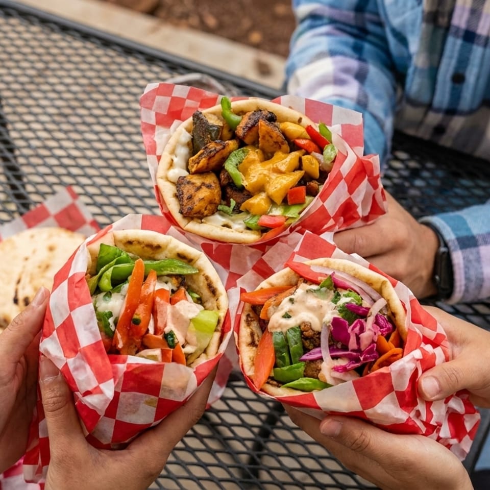 Three pita sandwiches filled with grilled meat, vegetables, and sauce are held over an outdoor metal table.