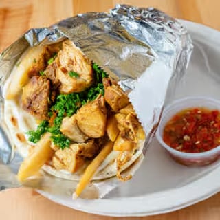 Chicken Gyro Platter. (Pita Bread, Greek Salad, Tzatziki Sauce, & Choice of Side)