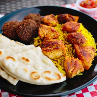 Chicken Kabob Platter. (Basamati Rice, Choice of Side & Salad)