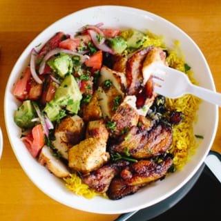 Casado Bowl. (Rice, Black Beans, Plantains, Avocado Salad, & Cilantro Tahini Sauce)